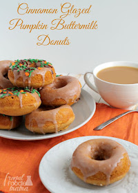 Moist cake donuts are packed with pumpkin and then drizzled in a cinnamon glaze in these delicious Cinnamon Glazed Pumpkin Buttermilk Donuts.