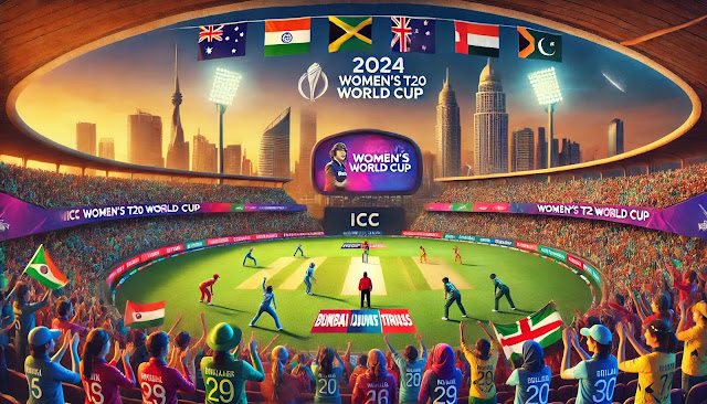 A vibrant scene of the 2024 ICC Women's T20 World Cup in the UAE. The image shows a floodlit cricket stadium in Sharjah, packed with excited fans waving flags and banners of teams like Australia, India, and England. Two women cricketers are in action on the field, with one bowling and the other ready to bat. The iconic Dubai skyline is visible in the backdrop, representing the Dubai venue. The stadium is adorned with ICC Women's T20 World Cup branding, capturing the electric atmosphere of the tournament.