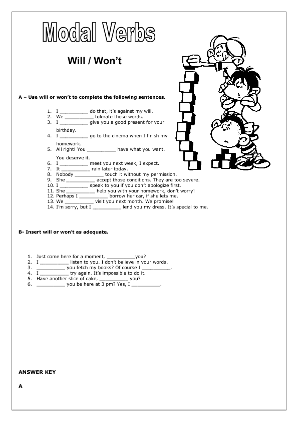 modal verbs will won t my english printable worksheets