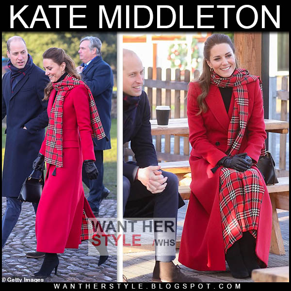 Kate Middleton in long red coat and red tartan skirt