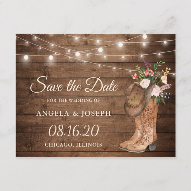  Rustic Cowboy Cowgirl Boots Floral Save the Date Announcement Postcard