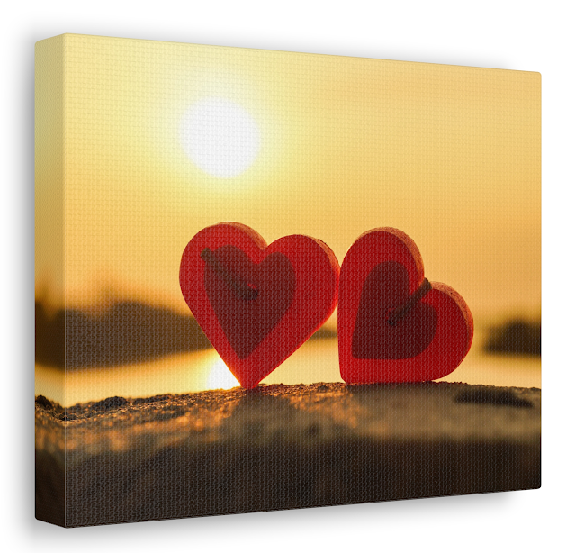 Valentine Canvas Gallery Wrap With Two Red Scented Candles with a Heart Shape in Sunset Silhouette Background
