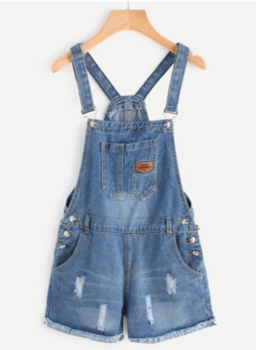  Distressed Raw Hem Denim Overall Romper