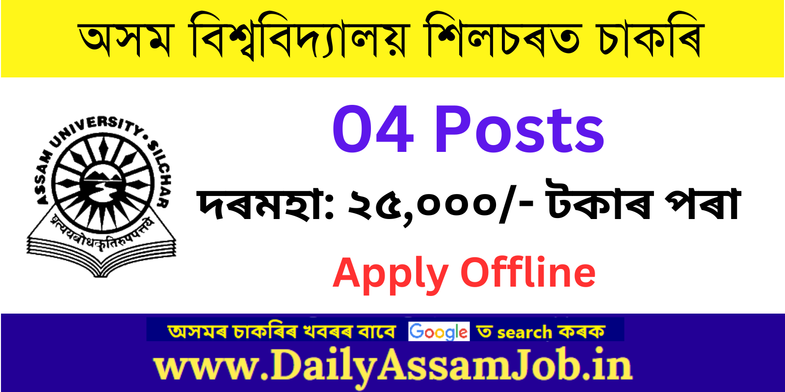 Assam University Silchar Recruitment 2023 FOR 04 Junior Consultant Vacancy