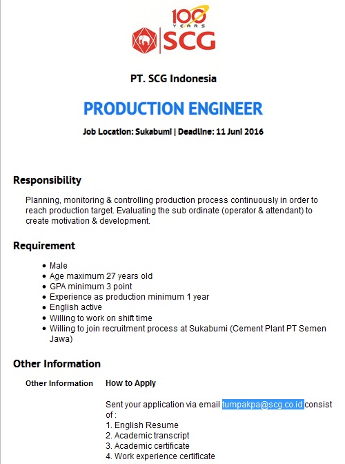 Lowongan Kerja Sukabumi PT SCG Indonesia Juni 2016 