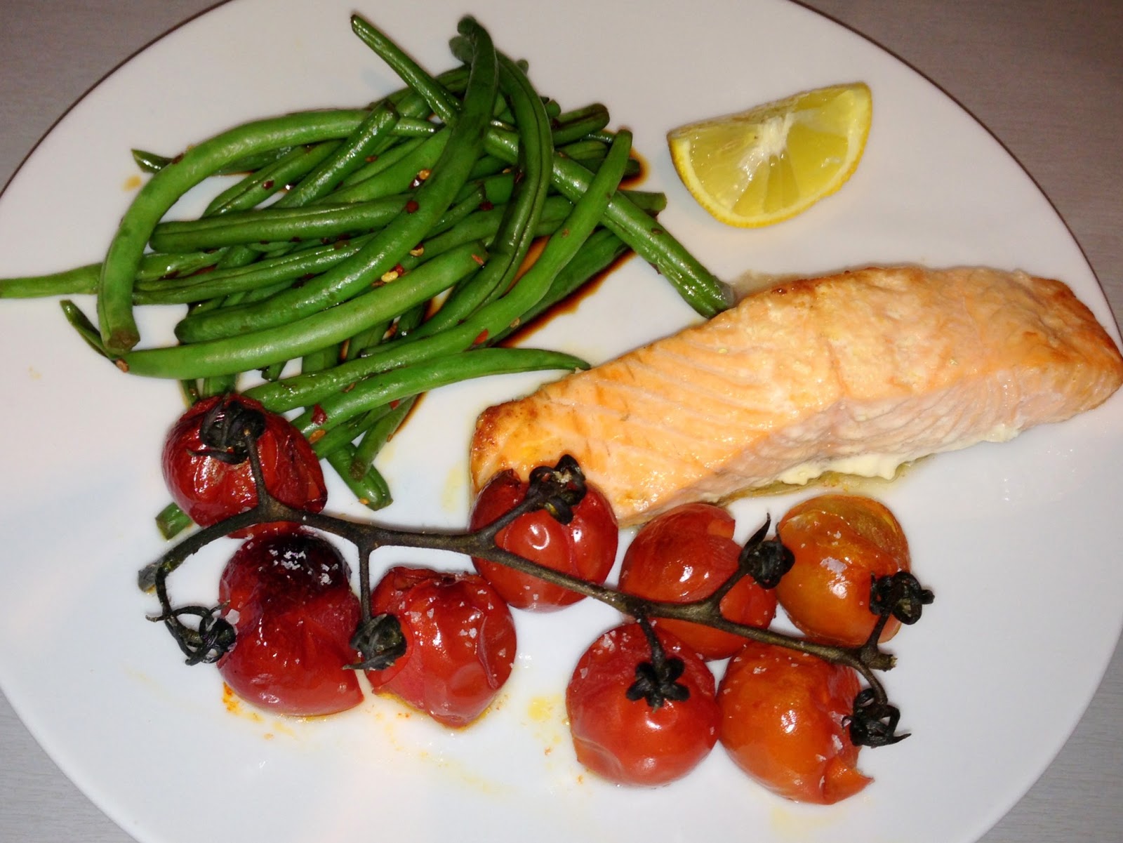 Baked salmon with lemon | green beans with chilli and soy sauce ...