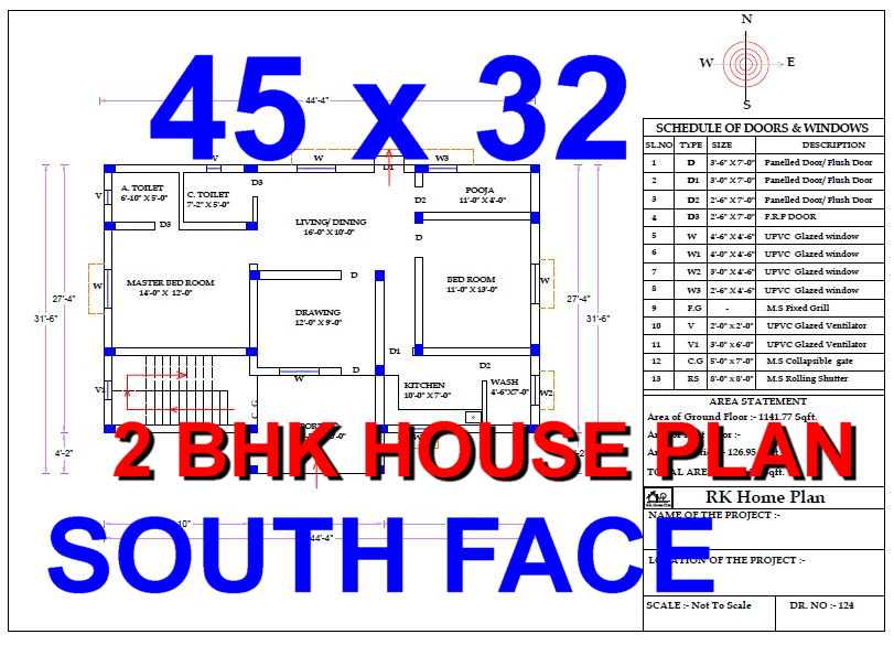 Rk Home Plan 45 X 32 South Face 2bhk House Plan