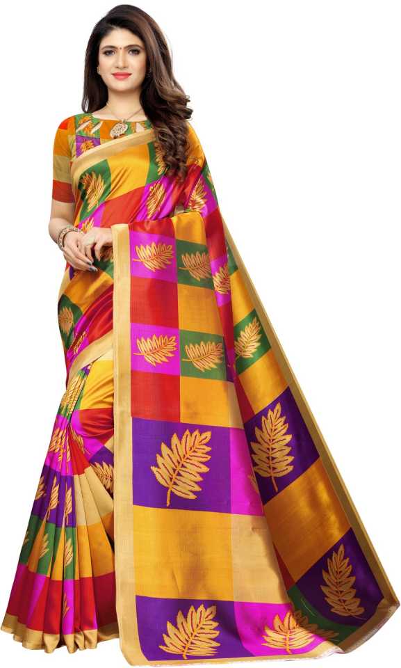 Printed, Geometric Print Kanjivaram Poly Silk, Cotton Silk Saree  (Multicolor, Purple, Yellow)