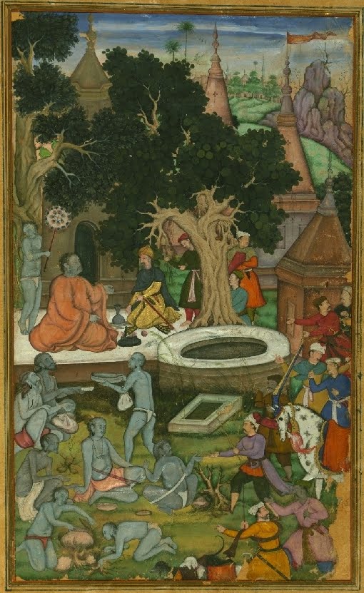 Indian mughal MS miniature of Hindu devotees outdoors partly clothed