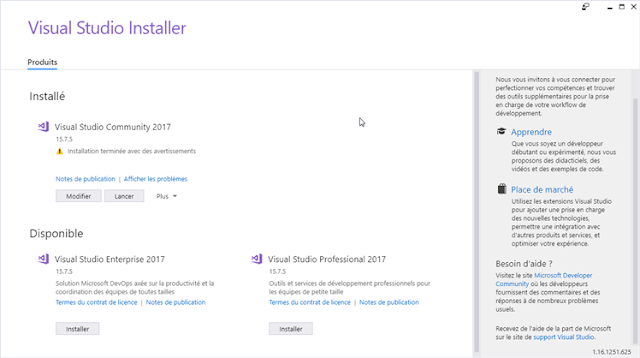 Installer de Visual Studio 2017 15.7.5