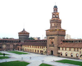 The inner courtyard of the Castello Sforzesco and the imposing Torre del Filarete