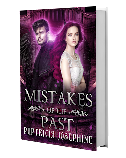 Woman standing in front of an angel with dark wings. Book cover for Mistakes of the Past a urban fantasy sweet romance by Patricia J.L.