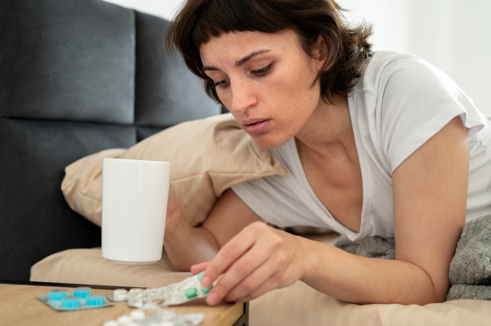 Woman in bed looking at different medications on bedside table