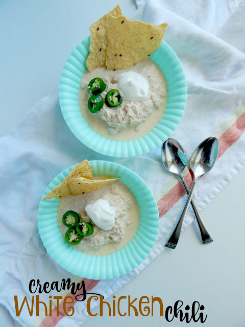 Creamy White Chicken Chili...a simple, one pot 30 minute soup that you're family will love!  Creamy, cheesy and comforting for the winter months. (sweetandsavoryfood.com)