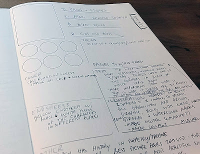 Closeup of my unfinished notes on the book Paws and Edward. The sketched image of the cover and the color palette circles are empty.