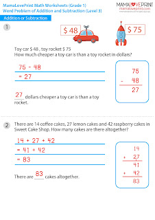 MamaLovePrint . Grade 1 Math Worksheets . Words Problem Addition and Subtraction PDF Free Download