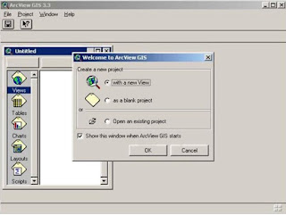 Kotak Welcome to ArcView GIS untuk membuat project baru atau membuka project yang telah ada
