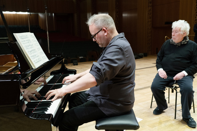 Nicolas Hodges and Sir Harrison Birtwistle at the recording session for A Bag of Bagatelles