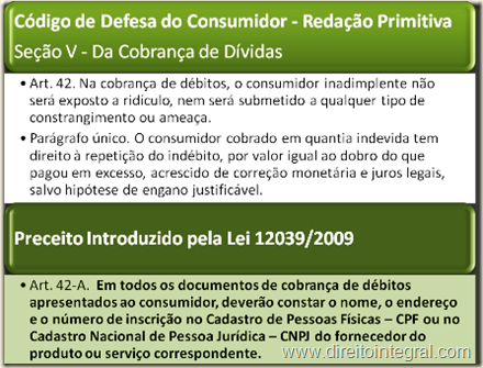 Código de Defesa do Consumidor - CDC - Lei 12039/09 , art. 42-A