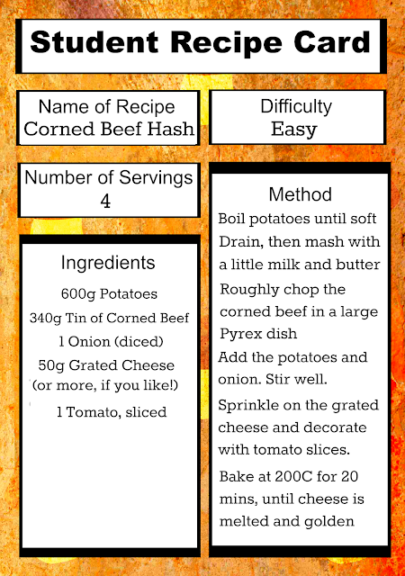 Easy, cheap Corned Beef Hash recipe card, perfect for students! 