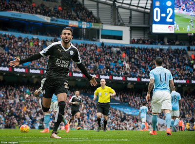 mahrez of leicester city scores against manchester city