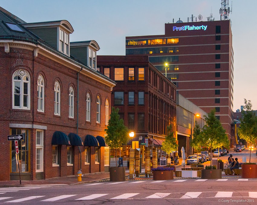 Portland, Maine USA August 2015 Evening on Federal Street with pop up park folly photo by Corey Templeton.