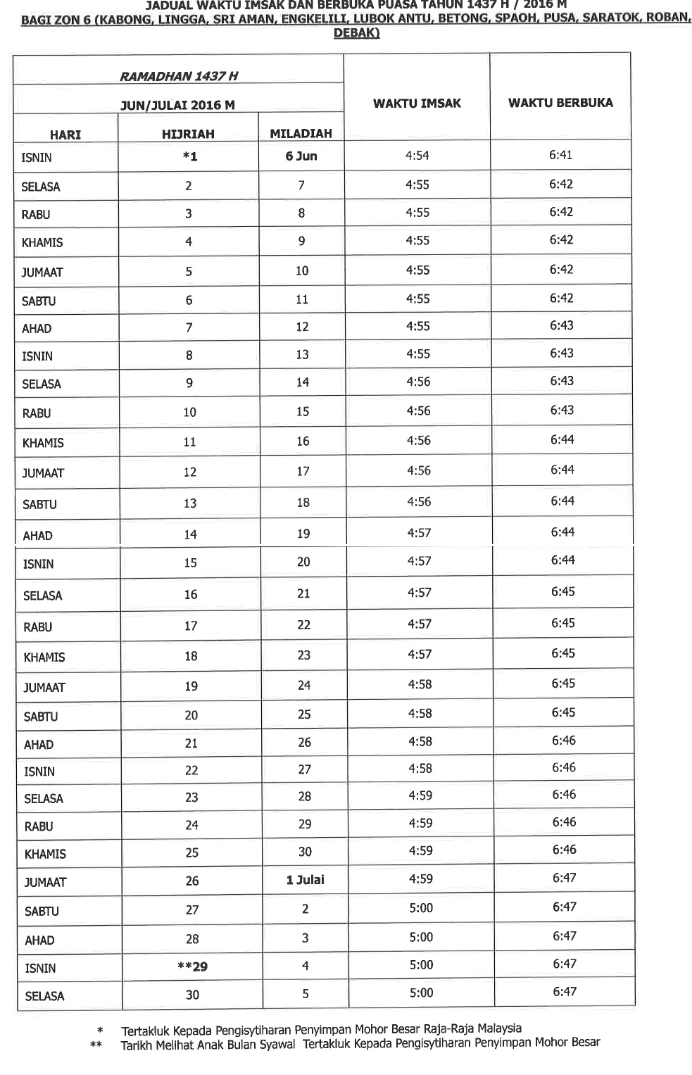 Jadual Waktu Berbuka Puasa Dan Imsak Sarawak 2016 - MySemakan