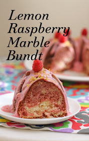 Food Lust People Love: Layer a tangy lemon batter with a zippy pink raspberry batter and give them a swirl to create this lemon raspberry marble Bundt cake. The crumb is light buttery. The lemon raspberry glaze adds even more tart sweetness, or just sprinkle with a little powdered sugar to serve.