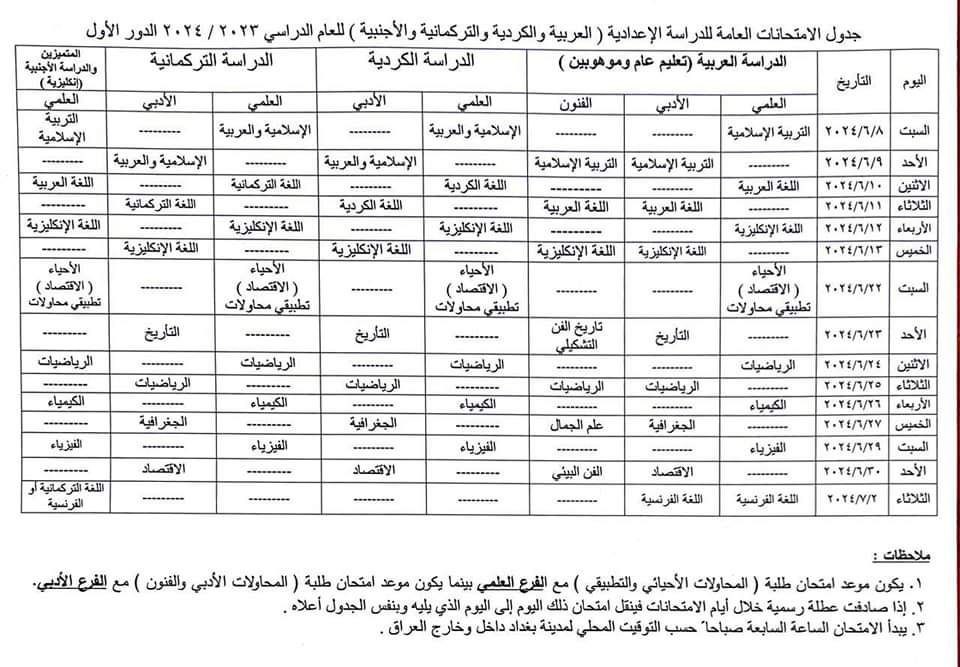 جدول الامتحانات العامة للدراسة الاعدادية للدراسات العرابية والكرديه والتركمانية والاجنبية للسنة الدراسية 2023 2024 الدور الاول