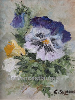 From me to you, 5 x 4 oil painting on canvas by Clemence St. Laurent - spray of multi-colored pansies, one is VERY large and smiling at you