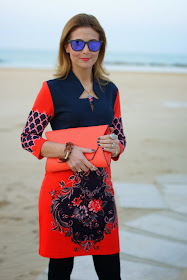 orange dress, vintage style print, oakley sunglasses, Dale Grey Vintage bracelet, Fashion and Cookies, fashion blogger