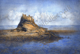 A watercolour painting of Lindisfarne Castle