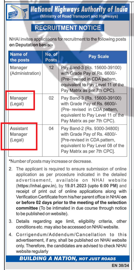 Manager (Legal) and Assistant Manager (Legal) at National Highways Authority of India