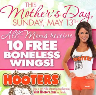 Free Boneless Wings for Mom at Hooters on Sunday, May 13th