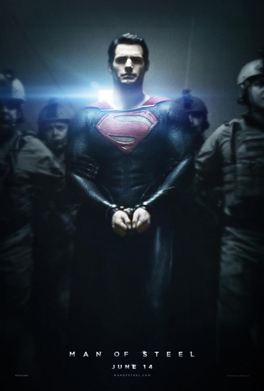 Teaser poster for Man of Steel.  Superman is being led down a hallway in handcuffs, escorted by soldiers.