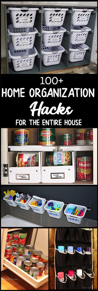 100 Home Organization hacks for every room in the house. Garages, bathrooms, kitchens, laundry room, craft rooms, bedrooms and playrooms. Great ideas to help cut the clutter