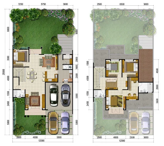 Denah rumah minimalis ukuran 12x25 meter 5 kamar tidur 2 lantai