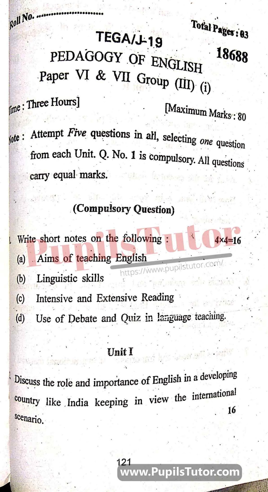 KUK (Kurukshetra University, Haryana) Pedagogy Of English Question Paper 2019 For B.Ed 1st And 2nd Year And All The 4 Semesters Free Download PDF - Page 1 - Pupils Tutor