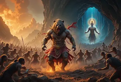 "A dramatic digital painting of Jambavan, the mighty bear warrior, depicted in a dual-layered background. In the foreground, he is shown leading Rama’s army of monkeys in the Ramayana battle against Ravana, surrounded by vivid, fiery colors and intense action. In a secondary overlay, Jambavan appears in a dimly lit cave in the Mahabharata era, facing Krishna, who radiates a faint, divine aura, symbolizing their legendary conflict over the Syamantaka Mani. The artwork is rendered in an epic, hyper-detailed style with vibrant colors and dramatic lighting."