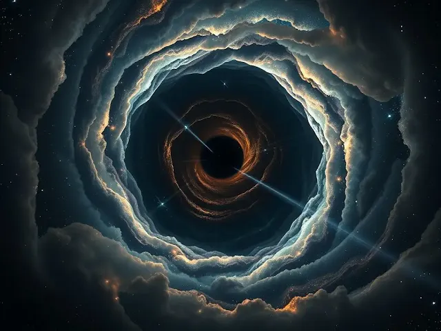 Black hole illustration with glowing ring in space