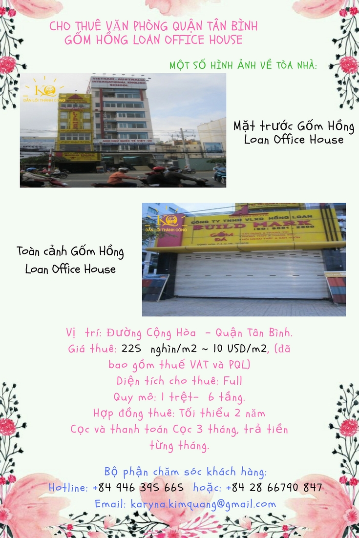 CHO THUÊ VĂN PHÒNG QUẬN TÂN BÌNH GỐM HỒNG LOAN OFFICE HOUSE, GIÁ MỀM