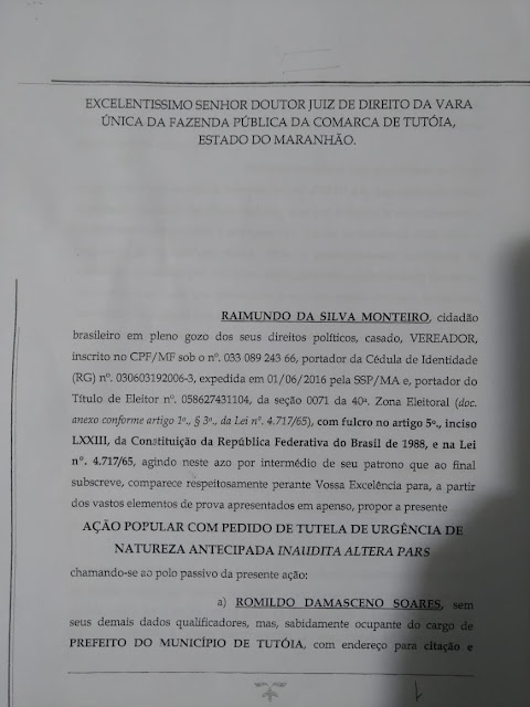 Vereador Raimundo Sintraf ingressa com Ação Popular contra o governo de Tutóia