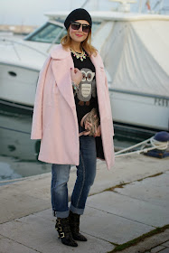 oversized pink coat, gucci pink bag, owl sweater, fashion and cookies, fashion blogger