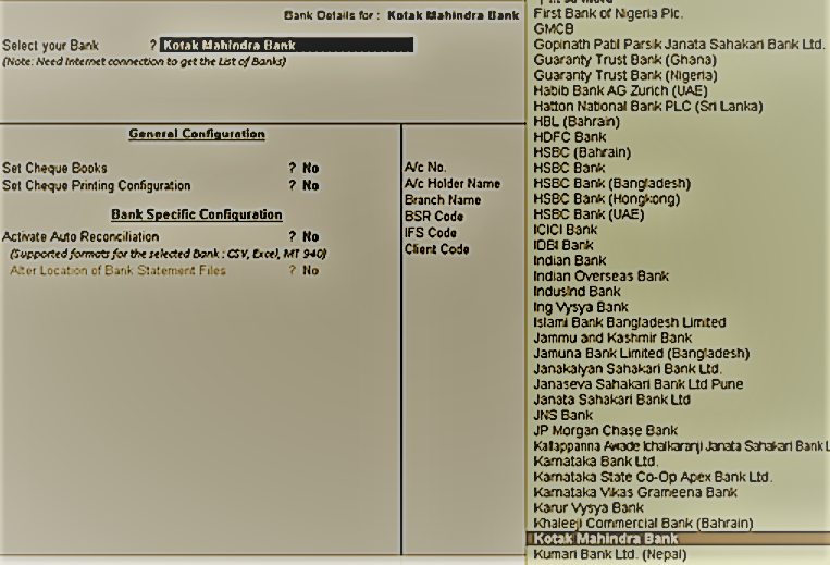 bank occ account in tally