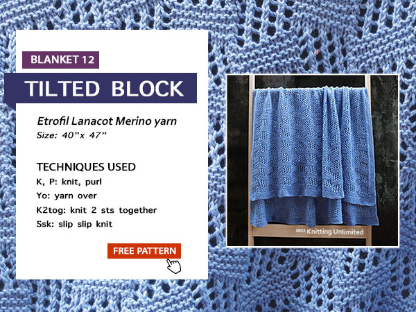 Tilted Block Lace Blanket Free Pattern. Size 40" x47". ETROFIL Lanacot merino yarn.