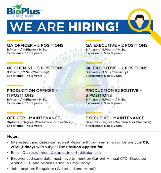 BioPlus Life Sciences | Hiring for Multiple departments at Bangalore | Apply before 9th Jul 2021
