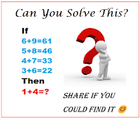 Logical Reasoning Math Questions with Answers and Explanation (6+9=61,5+8=46,4+7=33,3+6=22,1+4=?)
