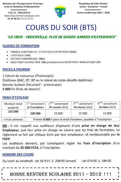 fiche de renseignement cours du soir CBCG Treichville