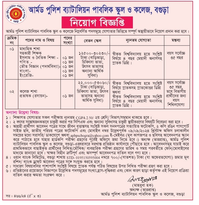 আর্মড পুলিশ ব্যাটালিয়ন (এপিবিএন) নতুন নিয়োগ বিজ্ঞপ্তি ২০২৪