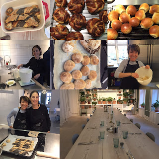 A collage of photos showing baked goods, and my friend Natalie and I baking in Denmark.